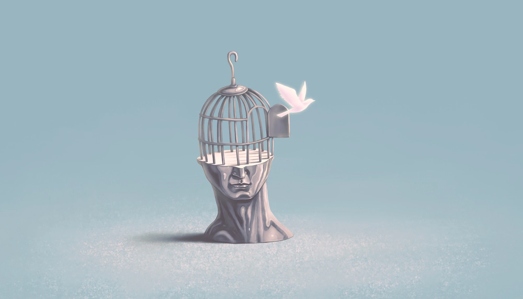 bird escaping cage shaped like the human head or mind