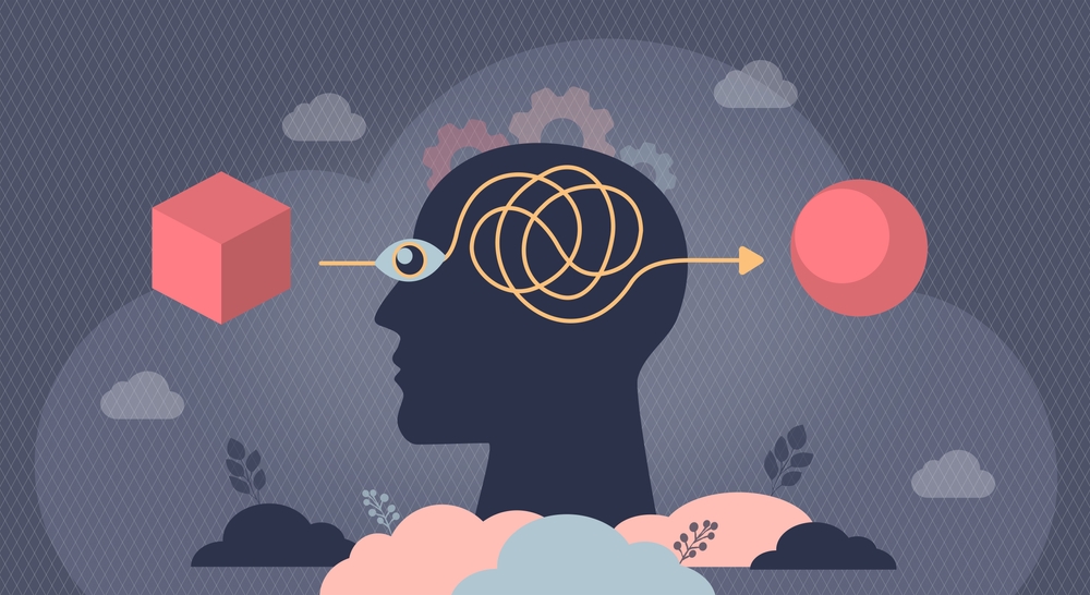 Irrational Beliefs shown as man looking at a cube and believing it is a sphere